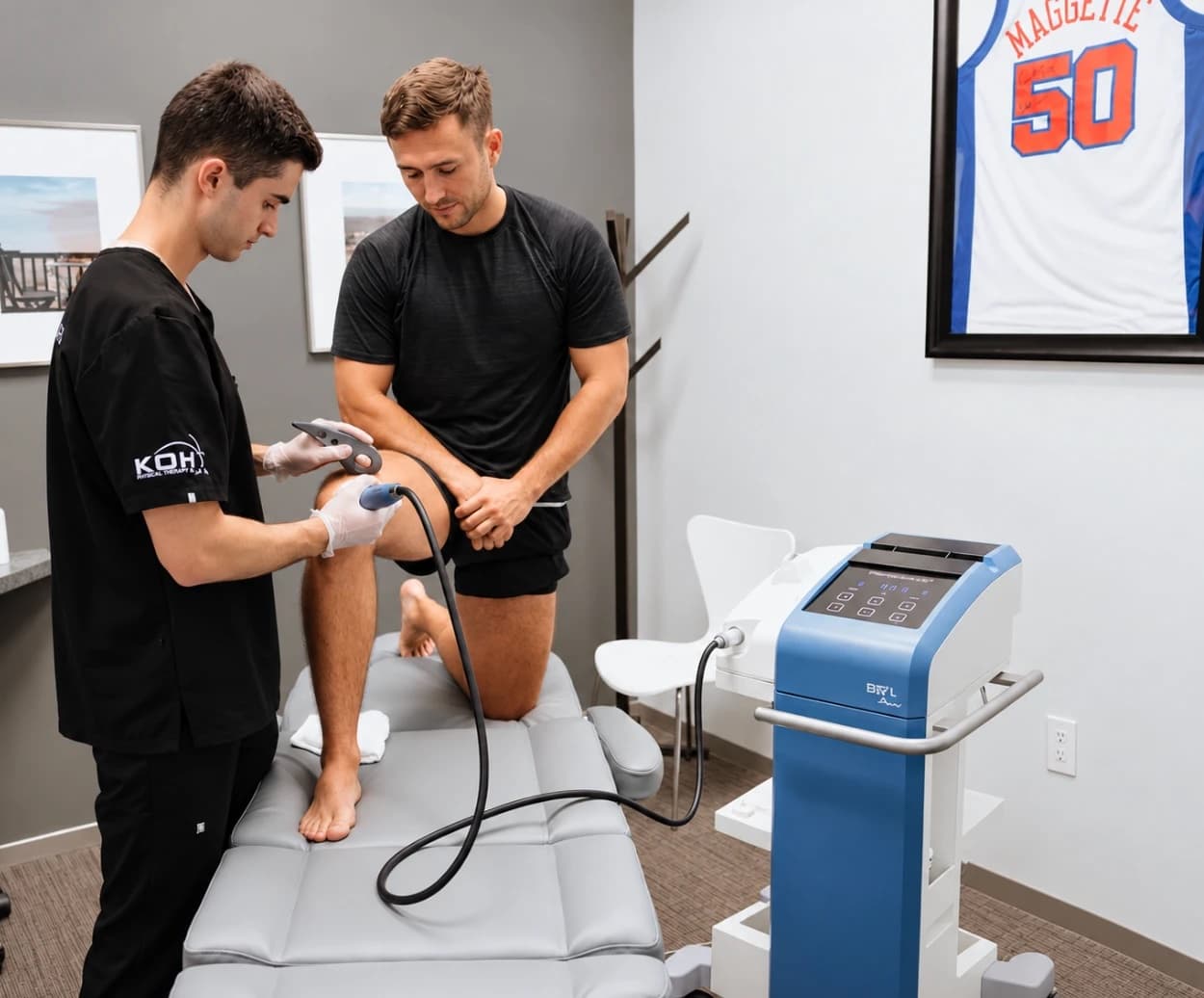 A KOH Physical Therapy Lab therapist treating a client's knee with the PiezoWave2 focused shockwave unit