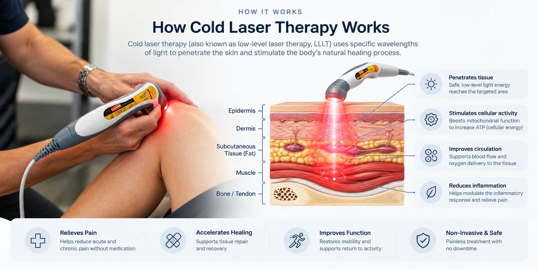 Infographic: how cold laser therapy works. A handheld cold laser is held over a knee; a cross-section shows the light passing through the epidermis, dermis, subcutaneous fat and muscle to bone and tendon. Labels: penetrates tissue, stimulates cellular activity, improves circulation, reduces inflammation. Benefits: relieves pain, supports tissue repair and recovery, improves function, non-invasive with no downtime.