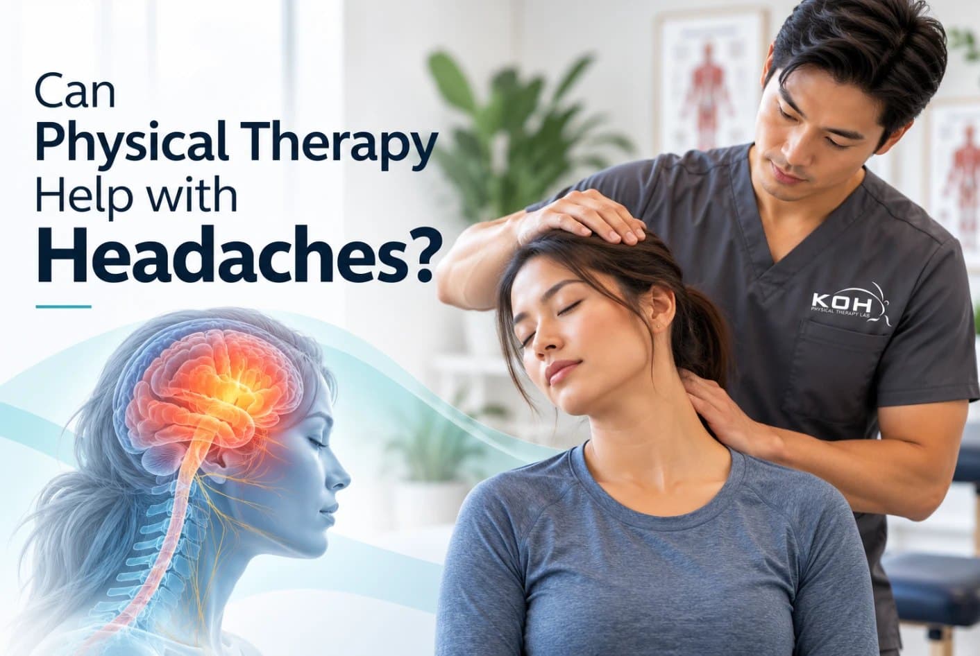 Graphic titled Can Physical Therapy Help with Headaches?, showing a therapist in KOH Physical Therapy Lab scrubs supporting a seated woman's head and neck, beside an illustration of the head and spine